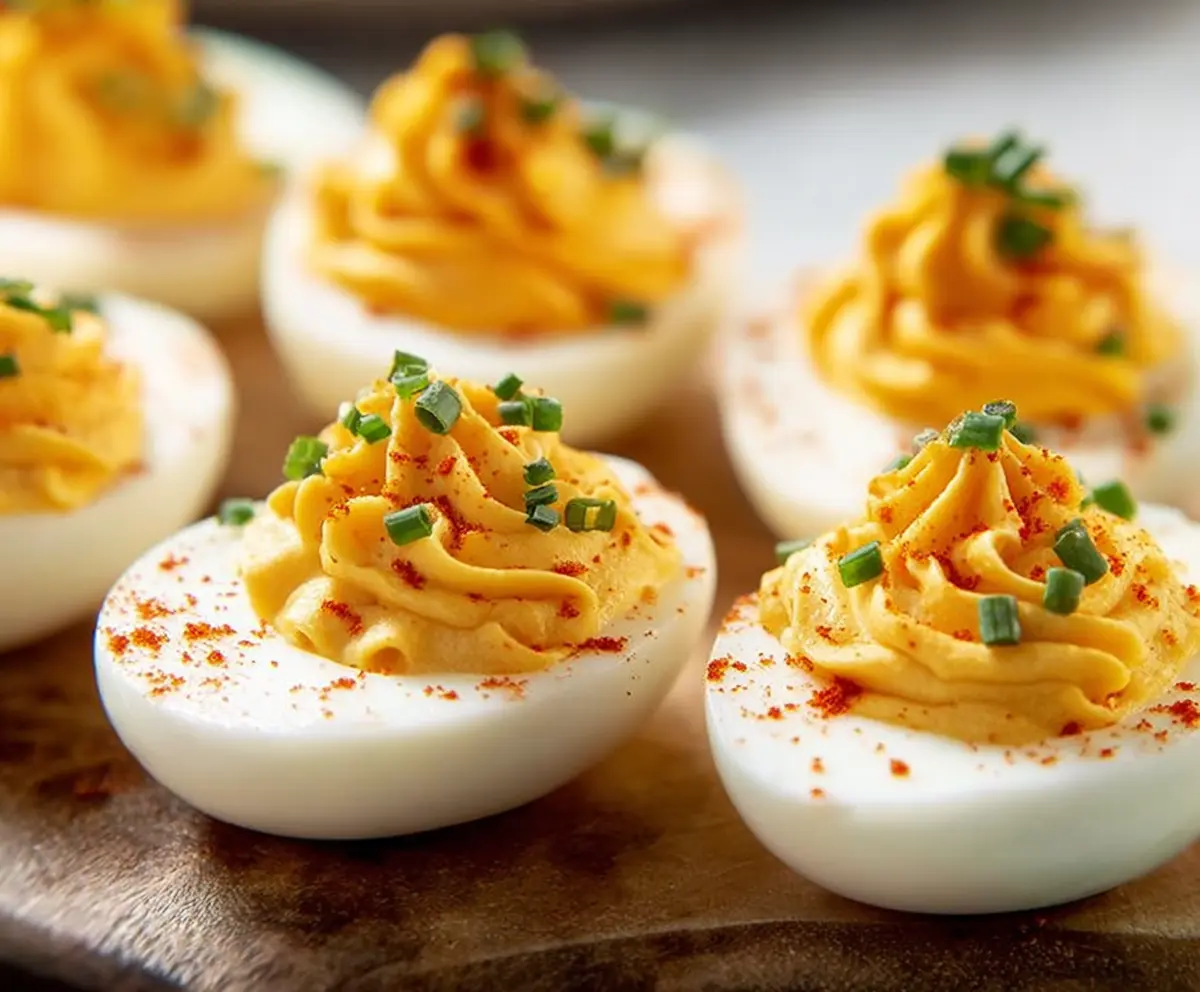 Plate of classic deviled eggs garnished with paprika and fresh herbs, perfect for appetizers and snack time.