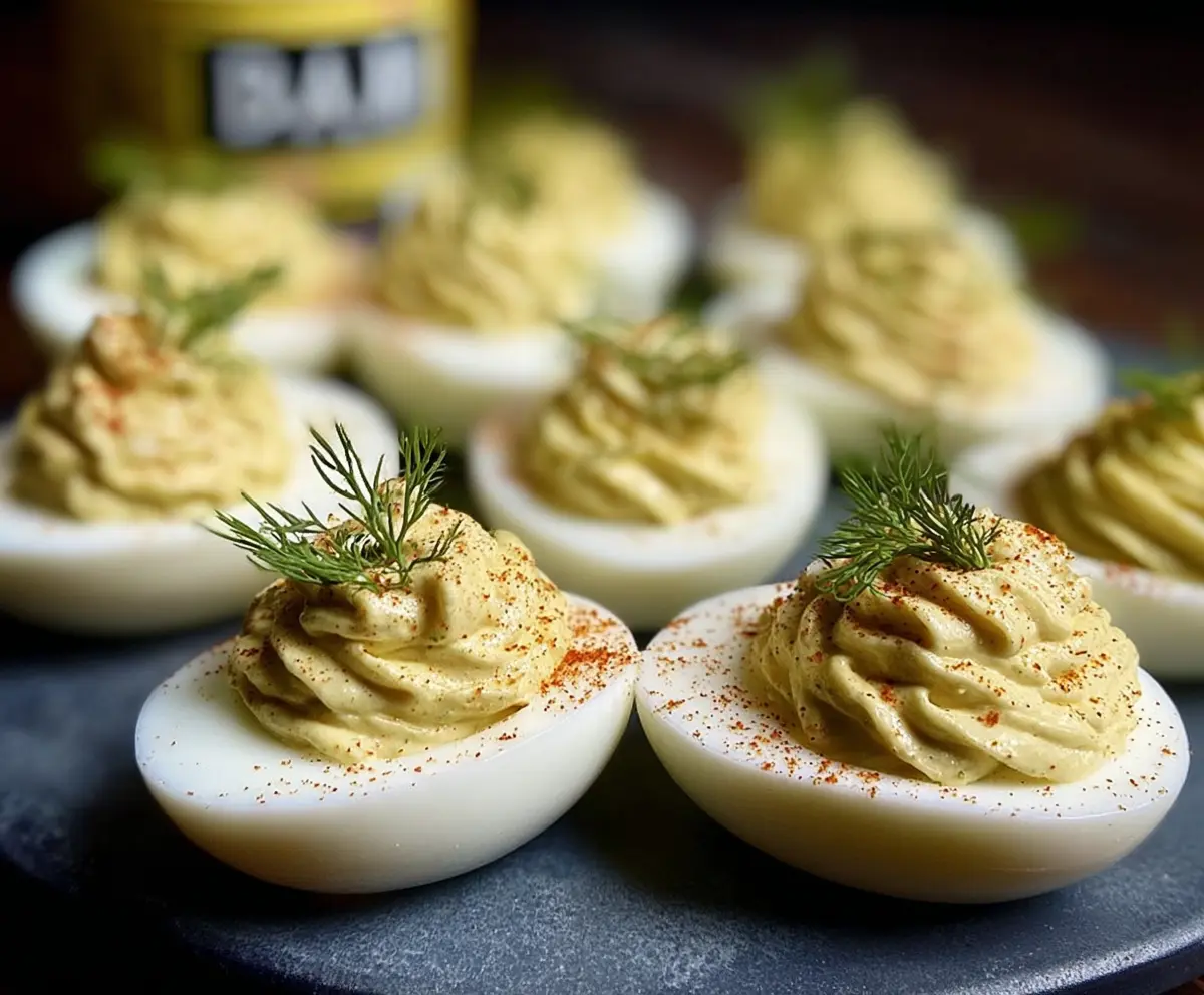 Creamy Dill Pickle Deviled Eggs garnished with fresh dill on a white plate