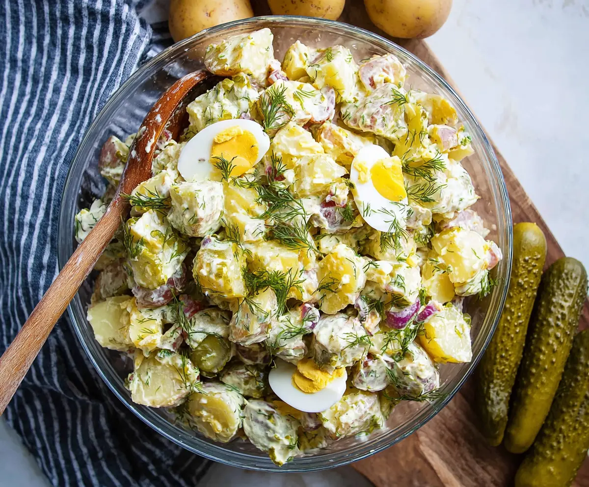 Creamy dill pickle potato salad with fresh herbs and chopped pickles, perfect for summer cookouts