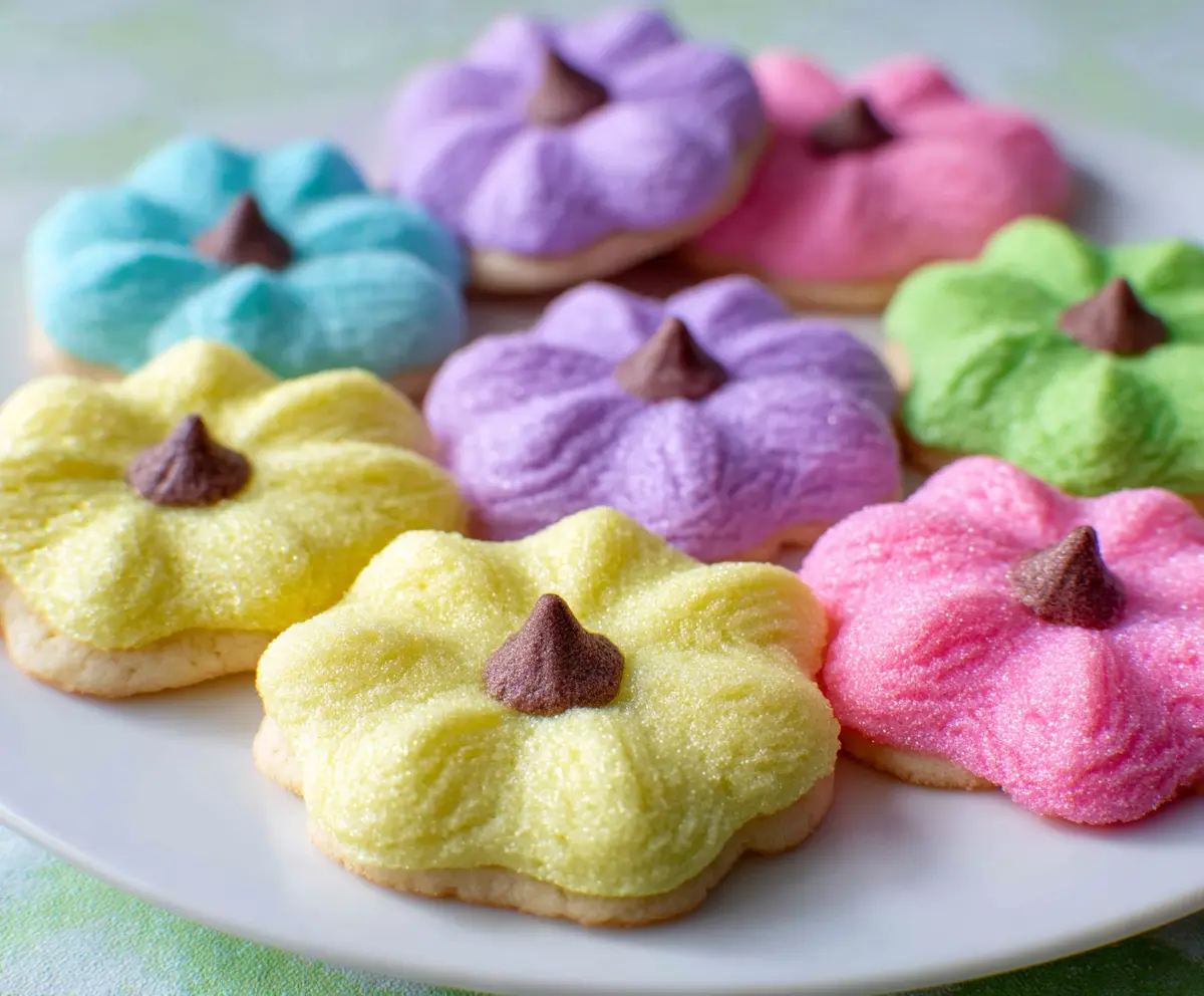 Colorful Easter Blossom Cookies with pastel icing and decorative floral designs for spring celebrations.