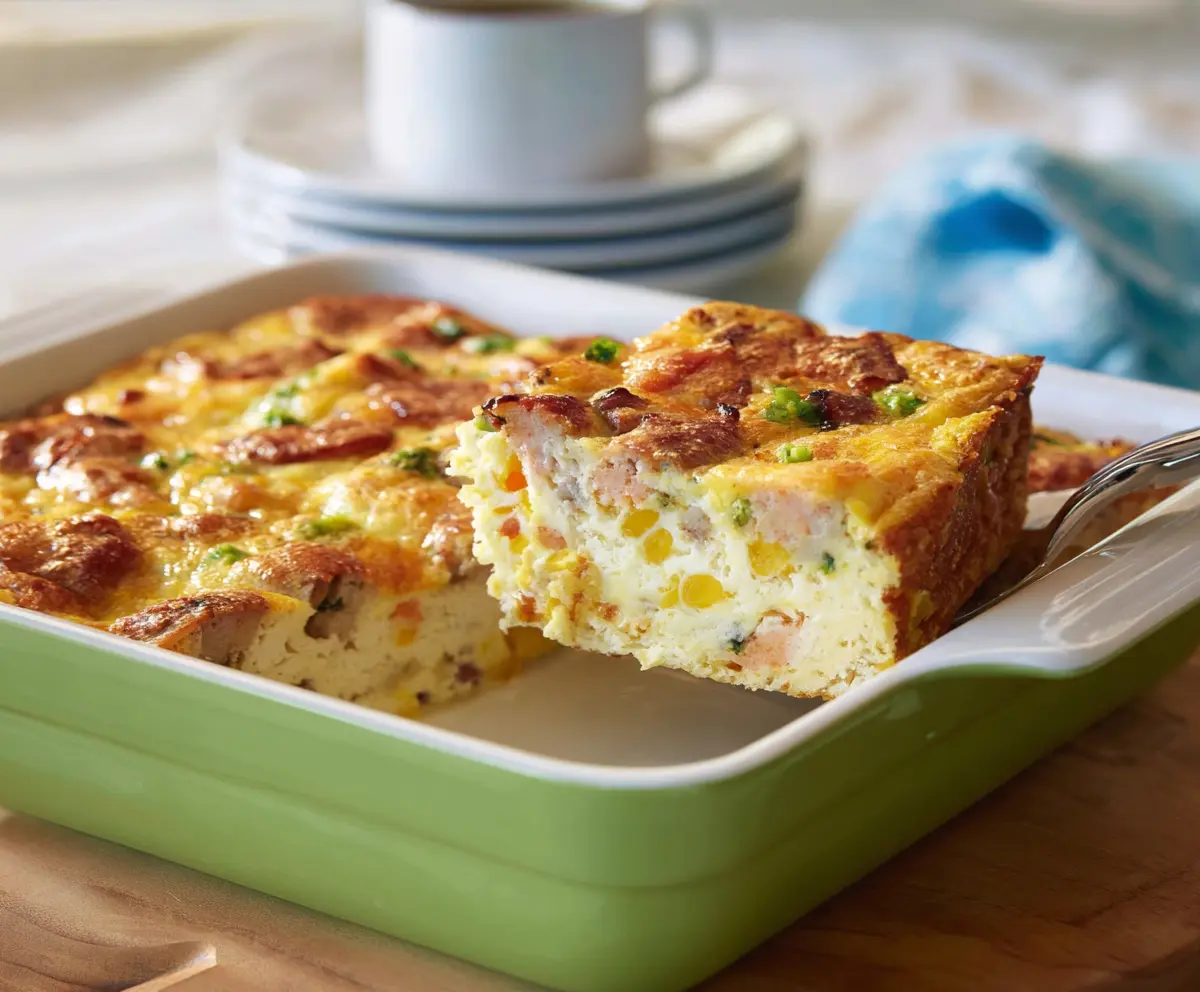 Delicious Easter Breakfast Casserole with eggs, cheese, and vegetables on a festive table.