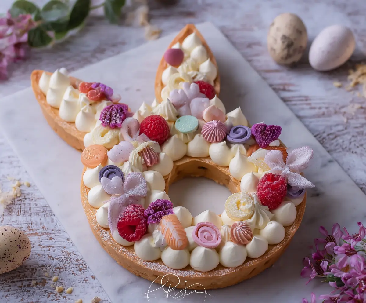 Delicious Easter Bunny Cream Tart decorated with colorful icing and festive sprinkles.