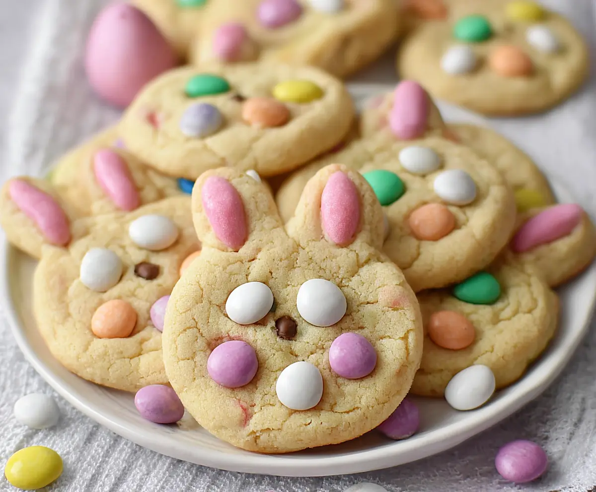 Delicious Easter Bunny M&M's Cookies with colorful candies and festive bunny shape.