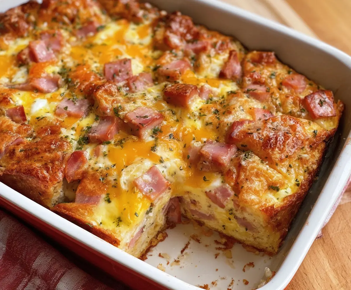 Easter cheesy ham and egg casserole in a baking dish, topped with melted cheese and fresh herbs.