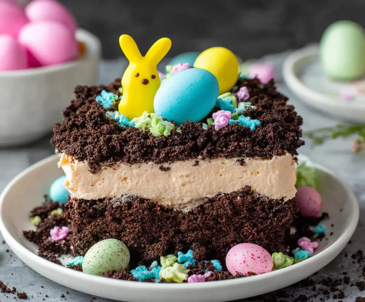 Delicious Easter Dirt Cake with colorful candy toppings and chocolate crumbs in a festive setting