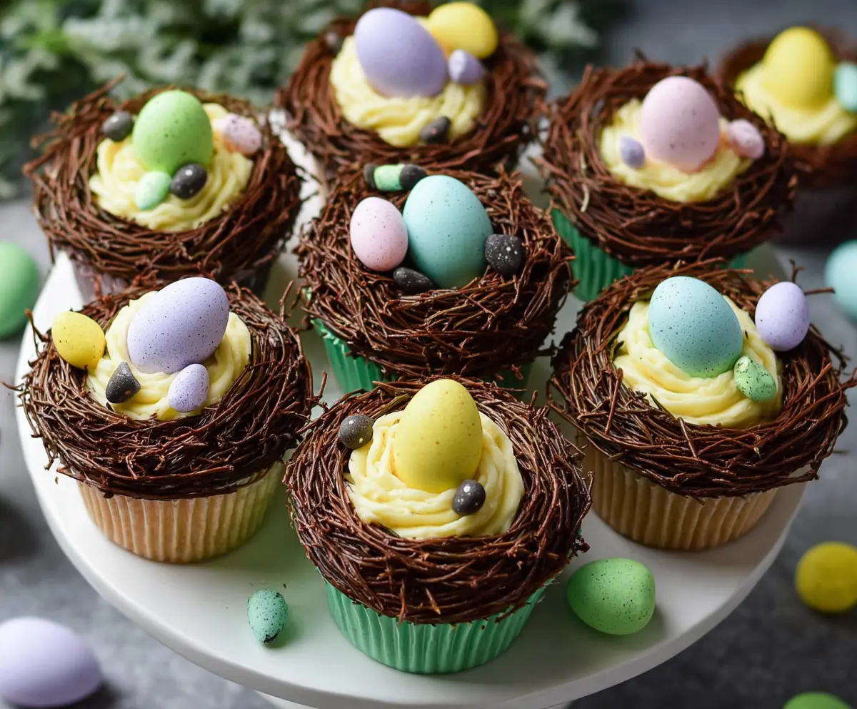 Delicious Easter Egg Nest Cupcakes decorated with colorful candies and icing, perfect for spring celebrations.