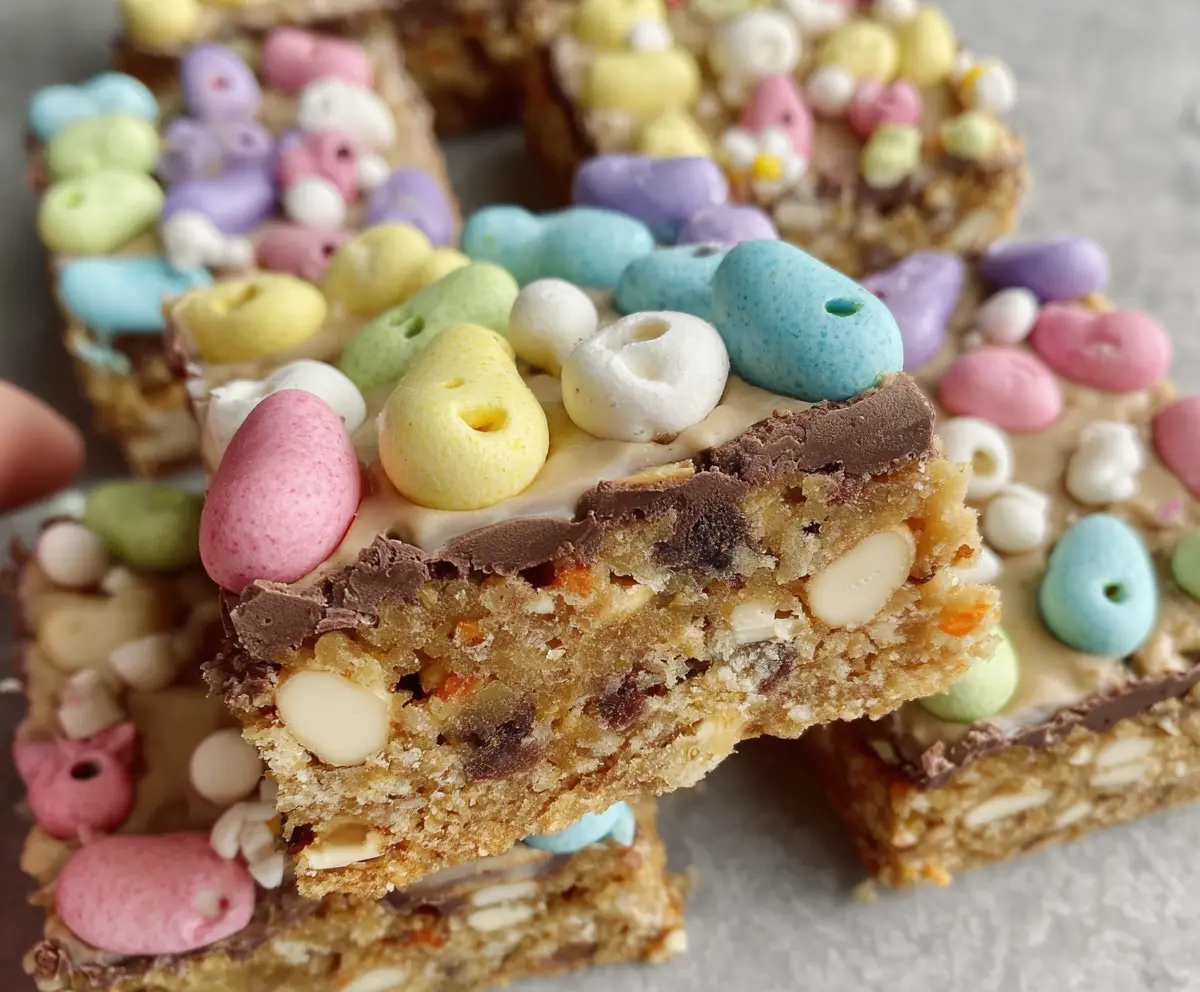 Delicious Easter Goody Bars with colorful candy toppings and a festive presentation.