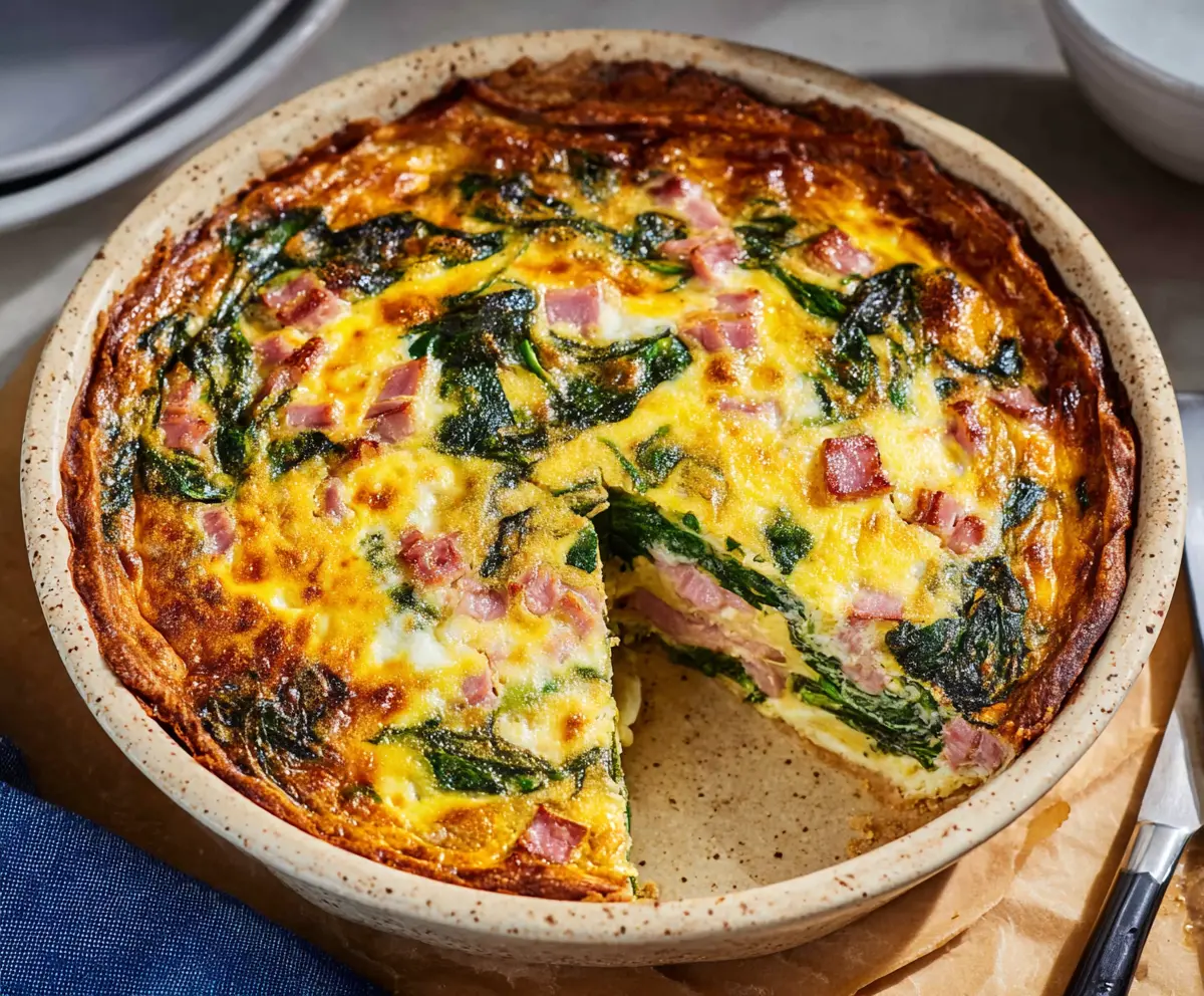 Delicious Easter ham and spinach quiche served warm with fresh herbs