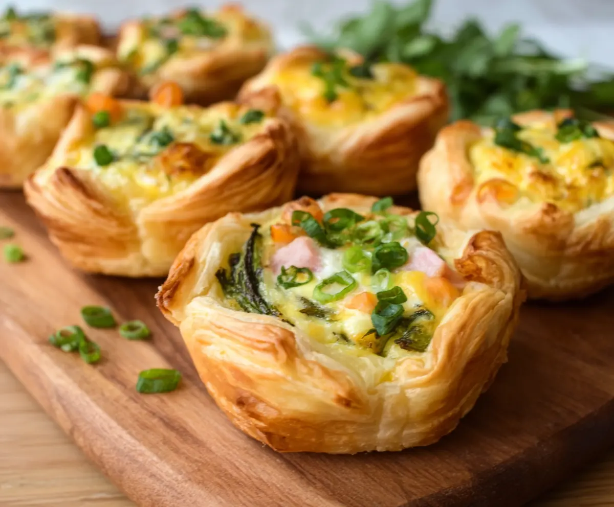 Easter Puff Pastry Quiche Cups filled with colorful vegetables and cheese, perfect for spring celebrations.