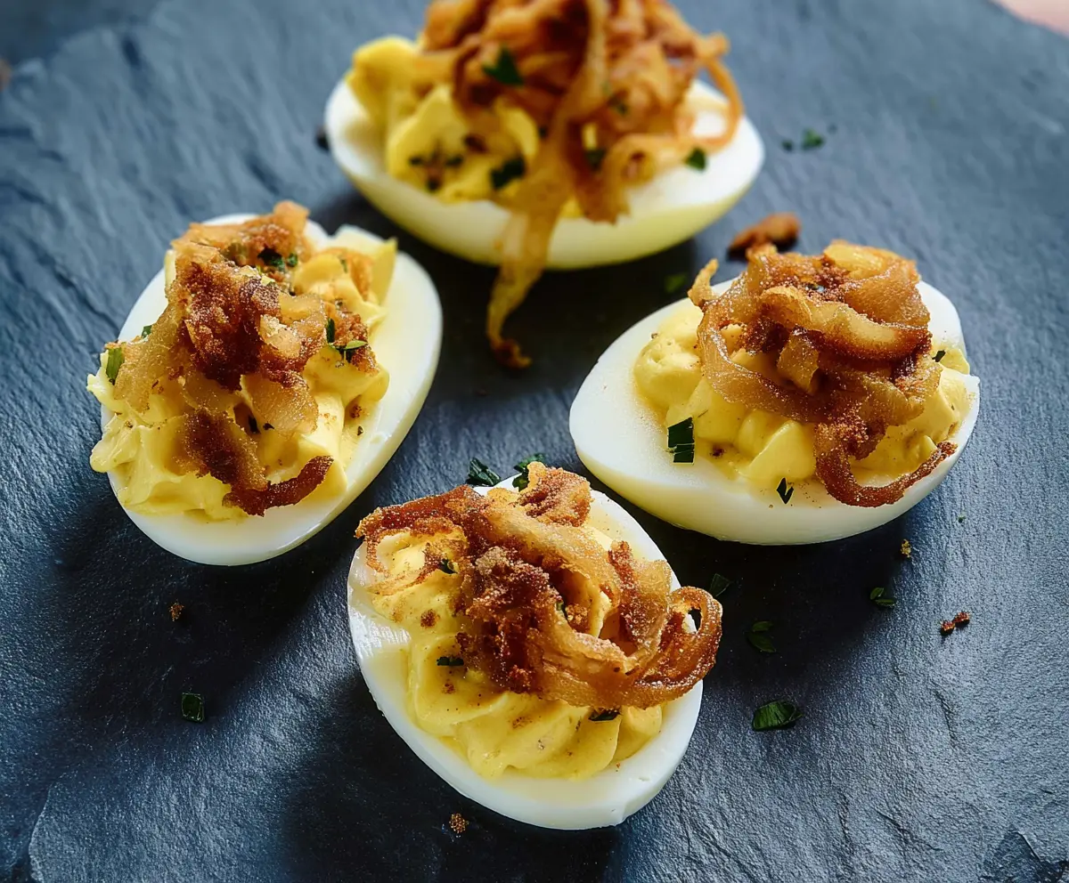 Delicious French Onion Deviled Eggs garnished with fresh herbs on a white plate.