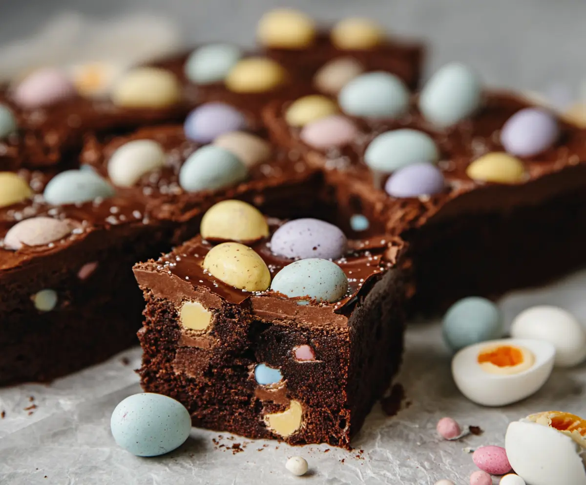Delicious Frosted Mini Egg Easter Brownies with colorful toppings and chocolate glaze
