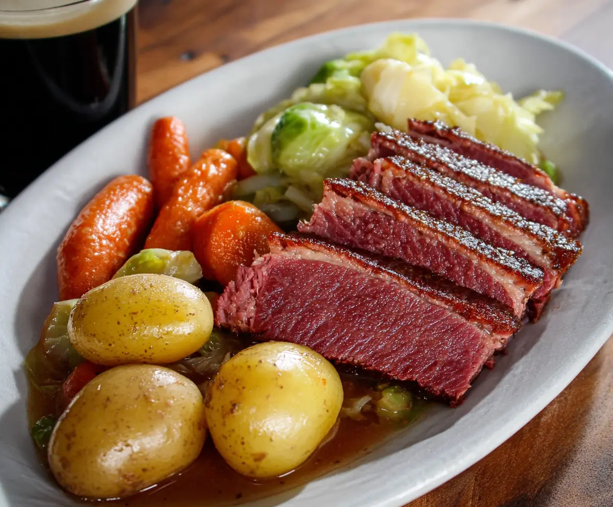 Delicious Guinness Braised Corned Beef with tender cabbage and potatoes on a rustic plate