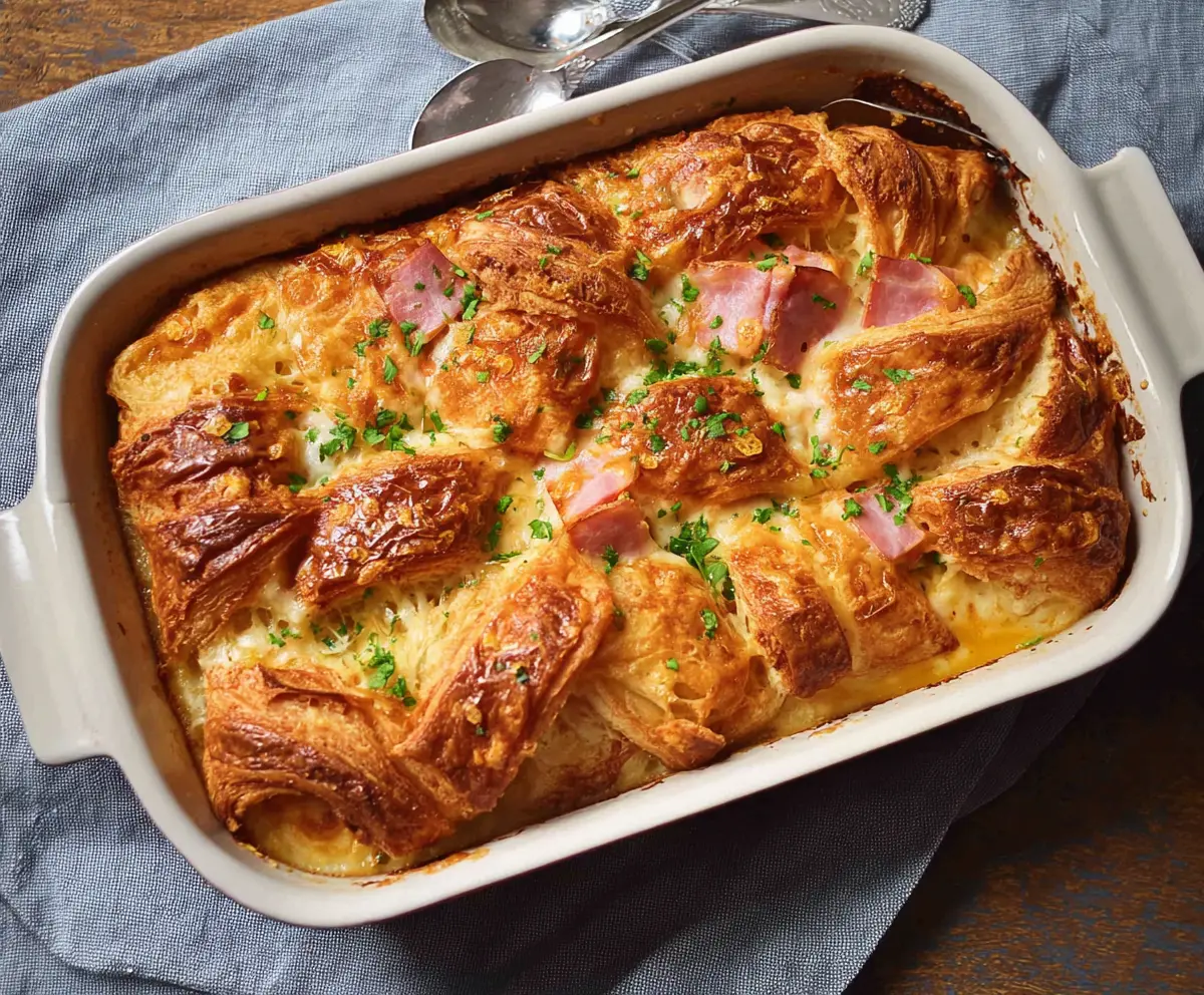 Delicious Ham and Cheese Croissant Brunch Bake featuring flaky layers of pastry, melted cheese, and savory ham.