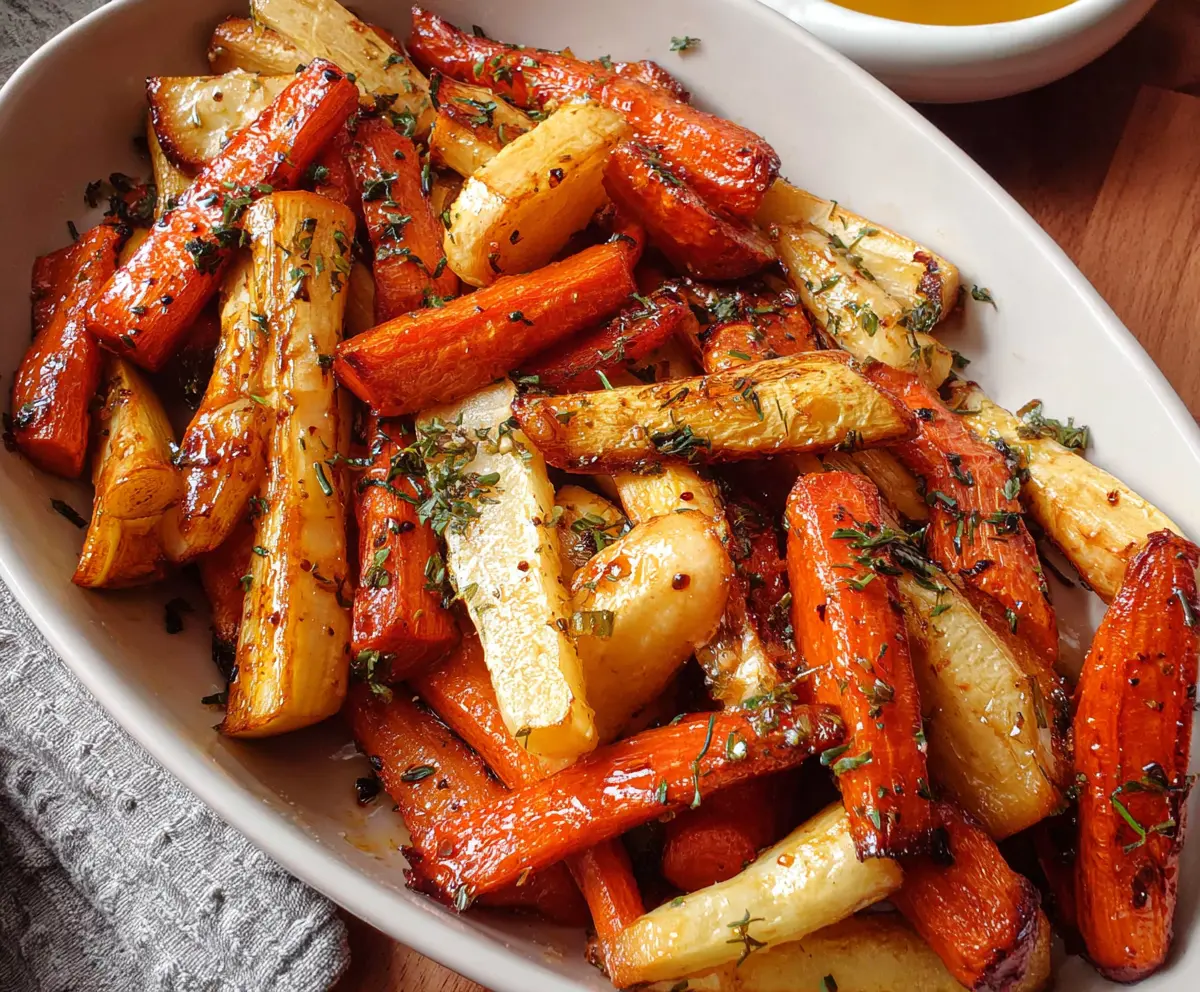 Delicious honey garlic roasted carrots and parsnips served on a plate.