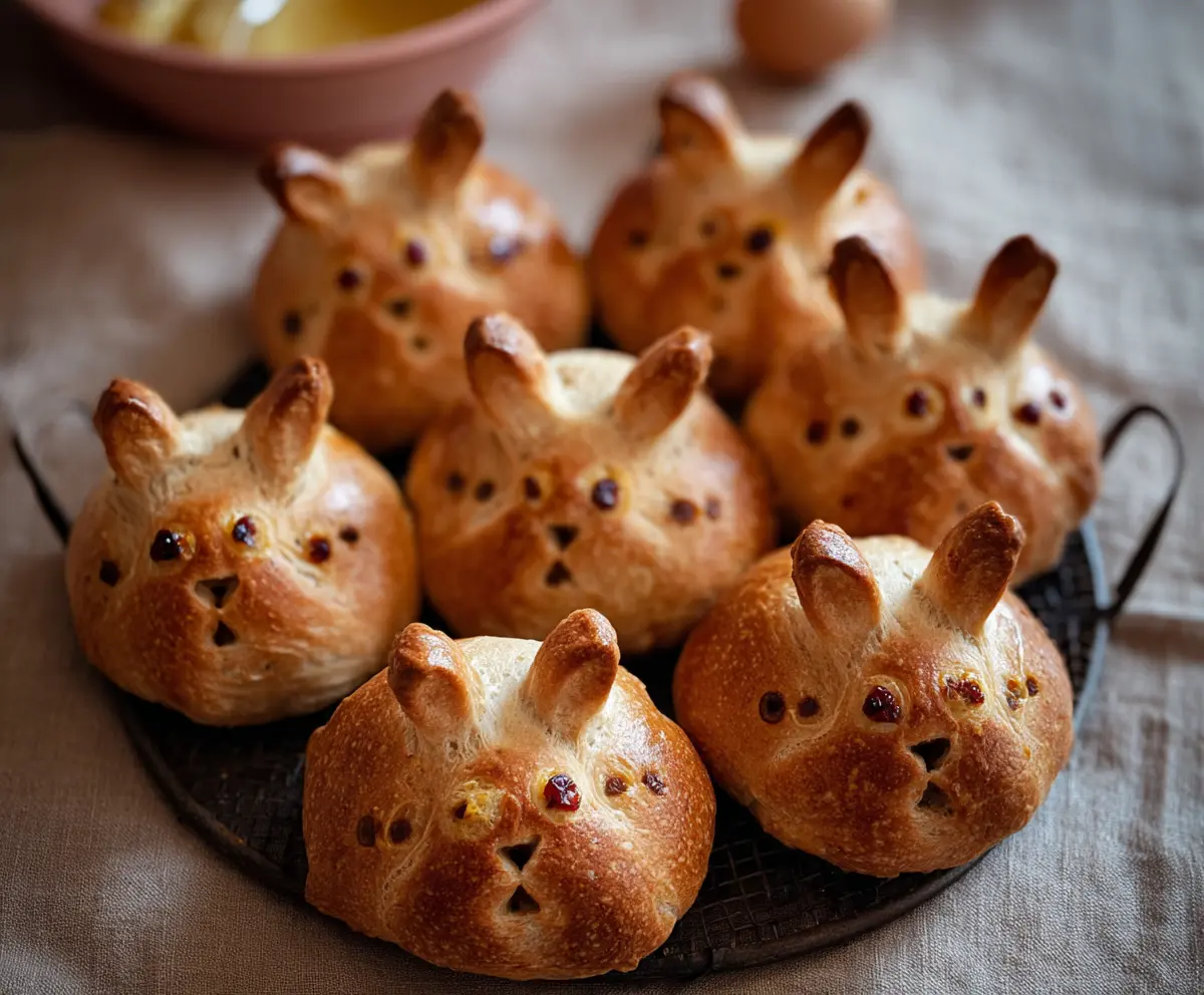 Freshly baked Hot Cross Bunny Rolls topped with icing crosses, perfect for Easter celebrations.