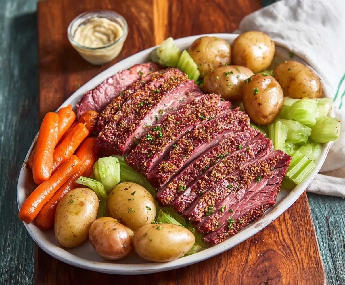 Tender homemade Instant Pot corned beef brisket with cabbage and potatoes served on a platter.