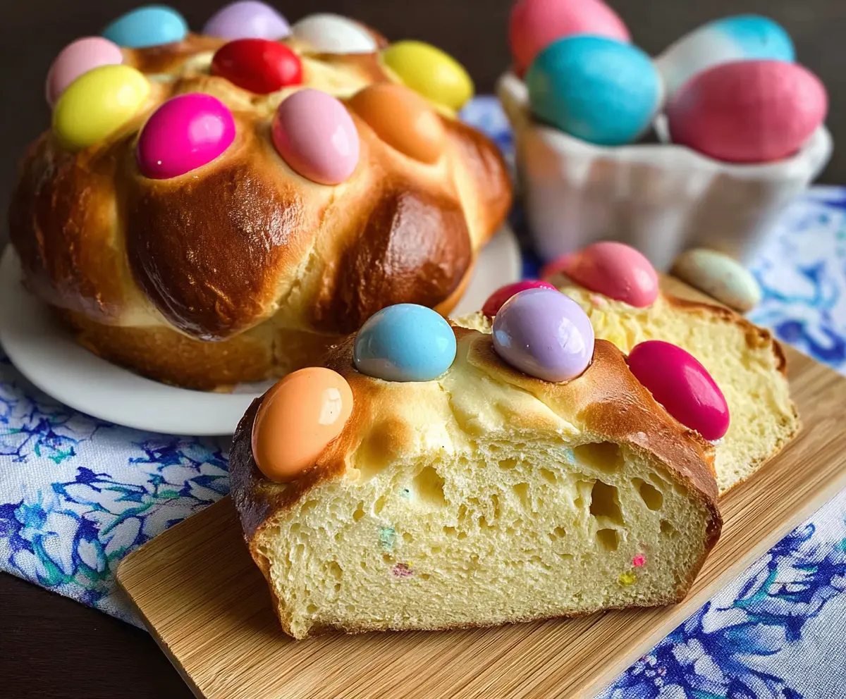 Festive Italian Easter bread decorated with vibrant, colorful eggs for a joyful celebration.