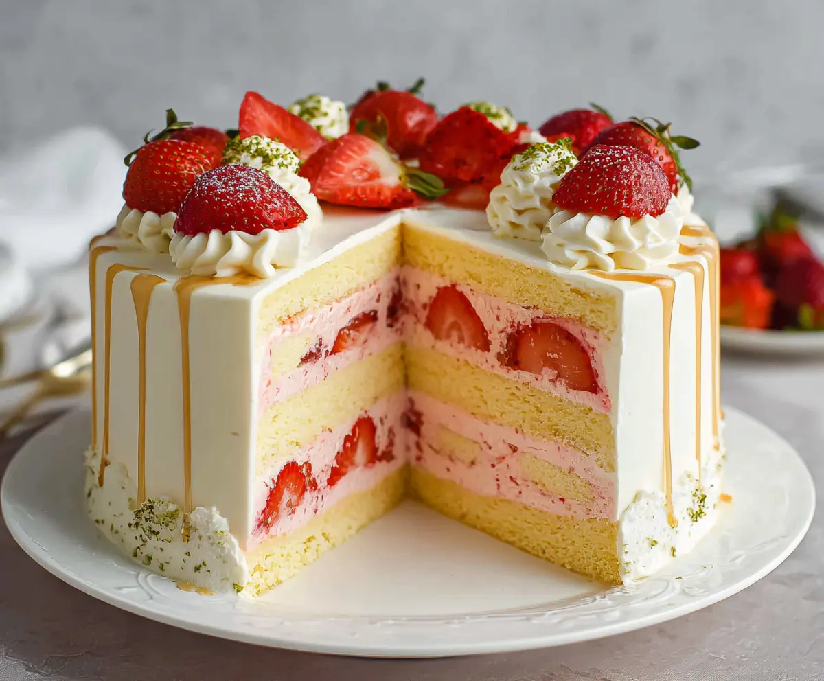 Delicious Japanese Strawberry Cake with fresh strawberries and whipped cream on top.