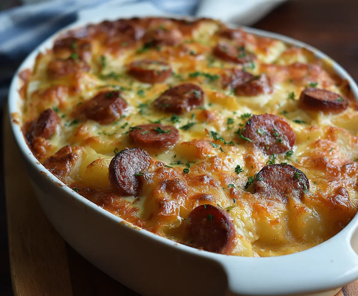 Delicious Kielbasa Sausage Cheesy Potato Casserole served in a baking dish with melted cheese and fresh herbs