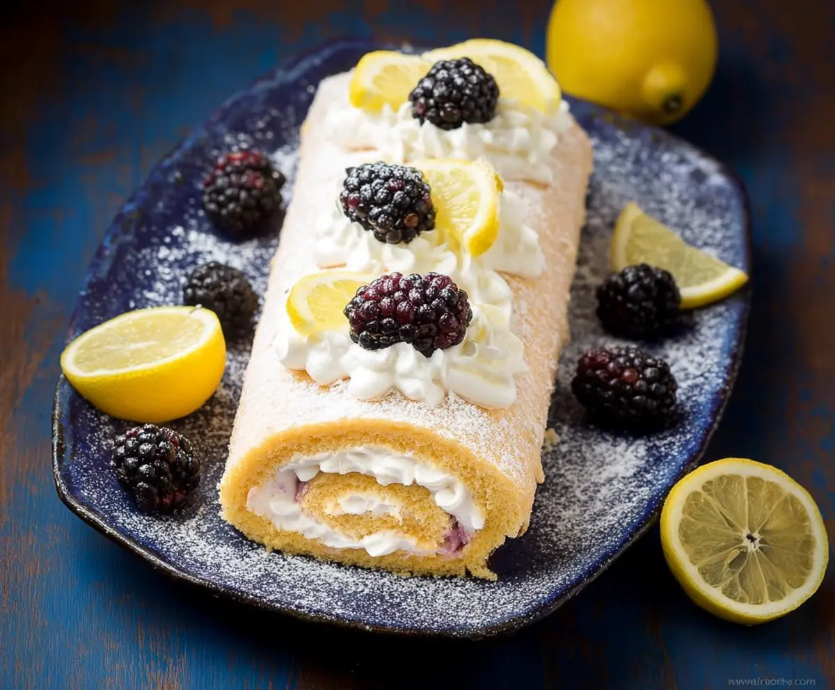 Delicious lemon and blackberry cake roll with fresh berries and citrus zest.