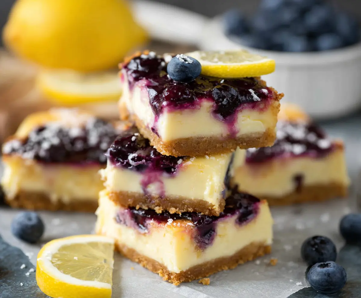 Delicious Lemon Blueberry Cheesecake Bars with fresh blueberries and lemon zest on a white plate.