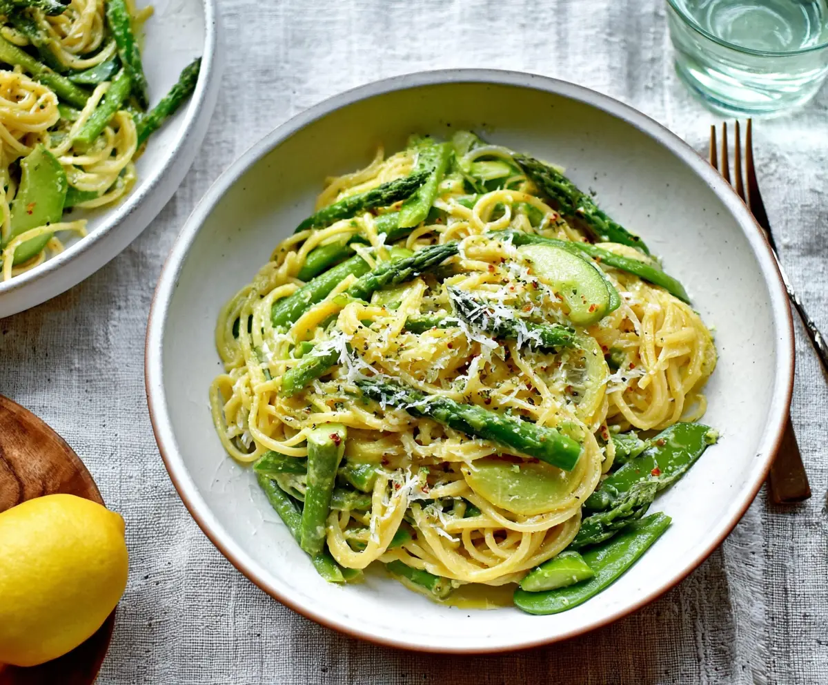 Delicious Lemon Cream Asparagus Pasta served on a white plate, showcasing vibrant green asparagus and creamy sauce.