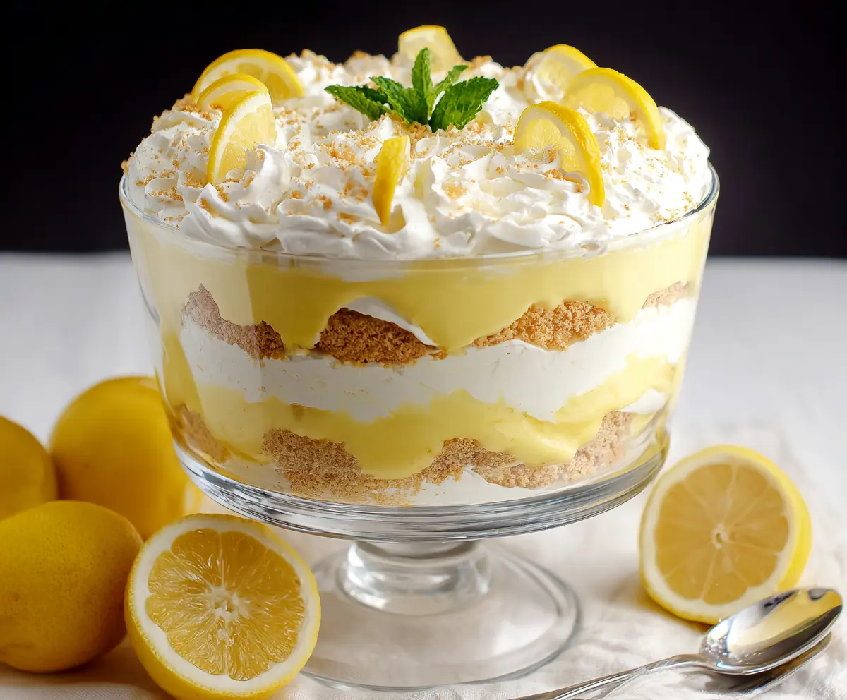 Delicious Lemon Lush Trifle with layers of lemon pudding, whipped cream, and graham cracker crust.