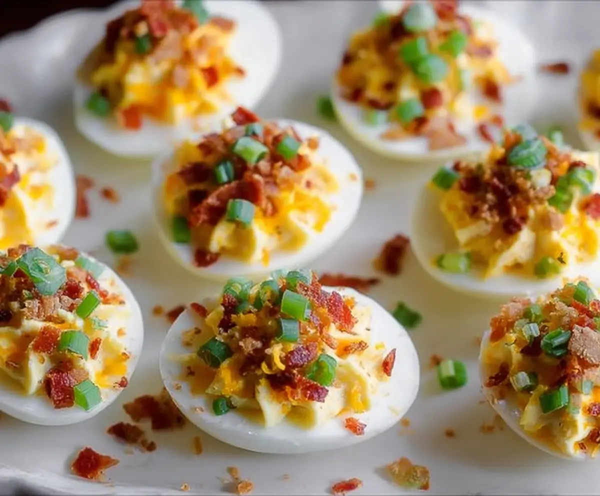 Savory loaded deviled eggs topped with fresh herbs and crispy bacon for a delectable appetizer.
