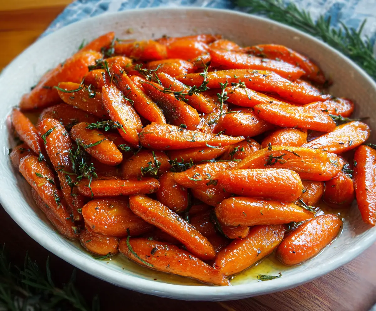 Delicious maple glazed carrots garnished with fresh herbs, perfect for a healthy side dish.