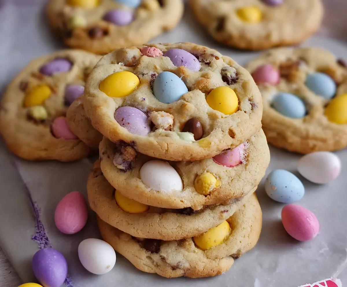 Delicious mini egg cookies with colorful chocolate eggs and crispy edges