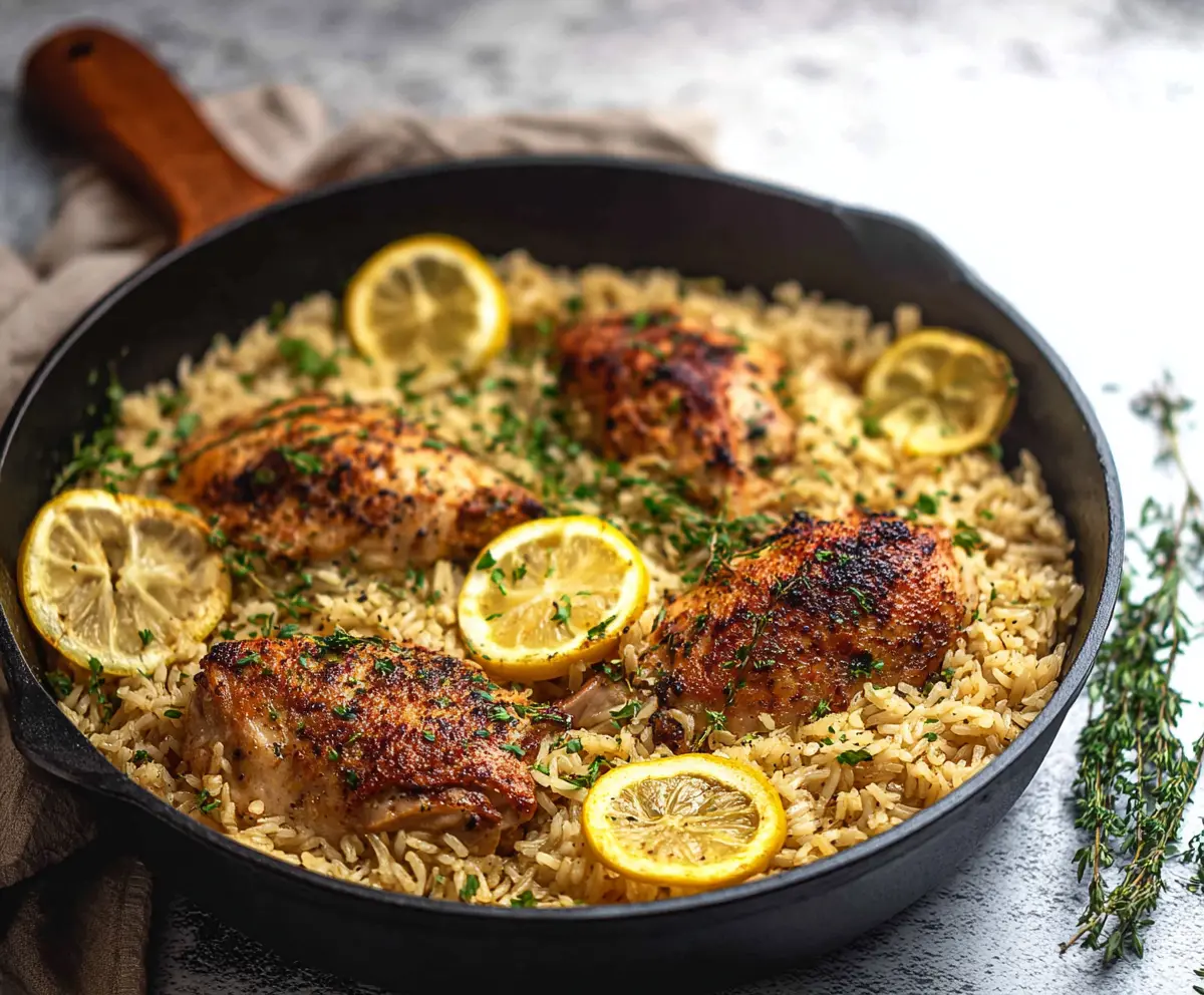 Delicious one-pan lemon herb chicken and rice dish, perfectly cooked with fresh herbs and citrus flavor.