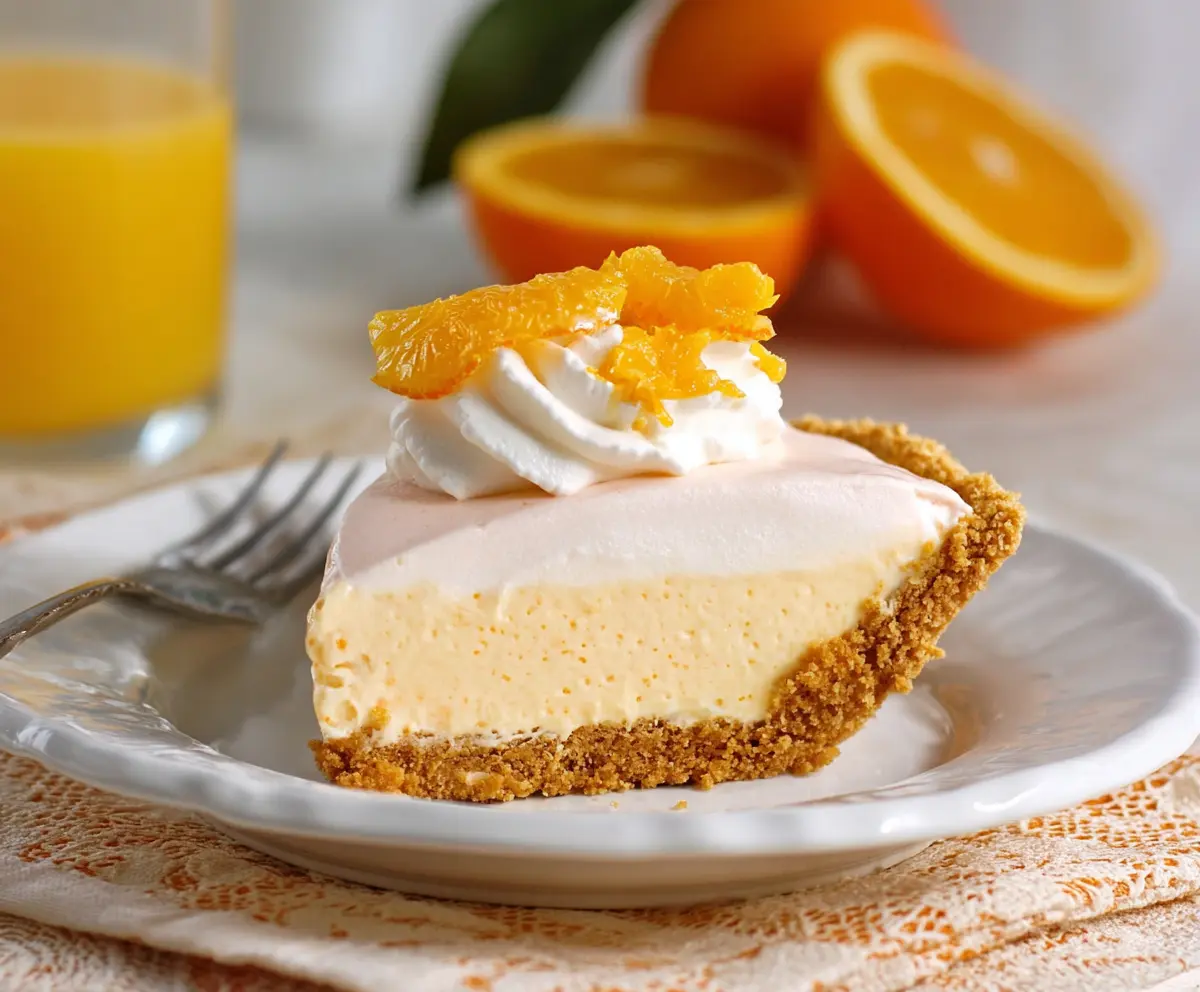 Delicious Orange Creamsicle Pie with a creamy swirl topping served on a plate.