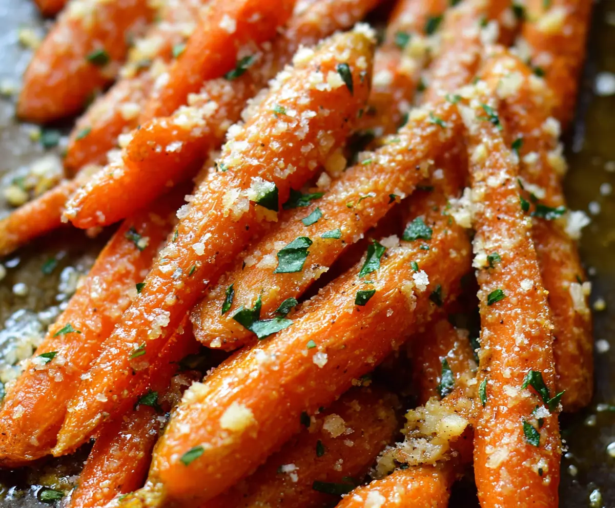 Delicious Parmesan Garlic Roasted Carrots on a plate with fresh herbs.