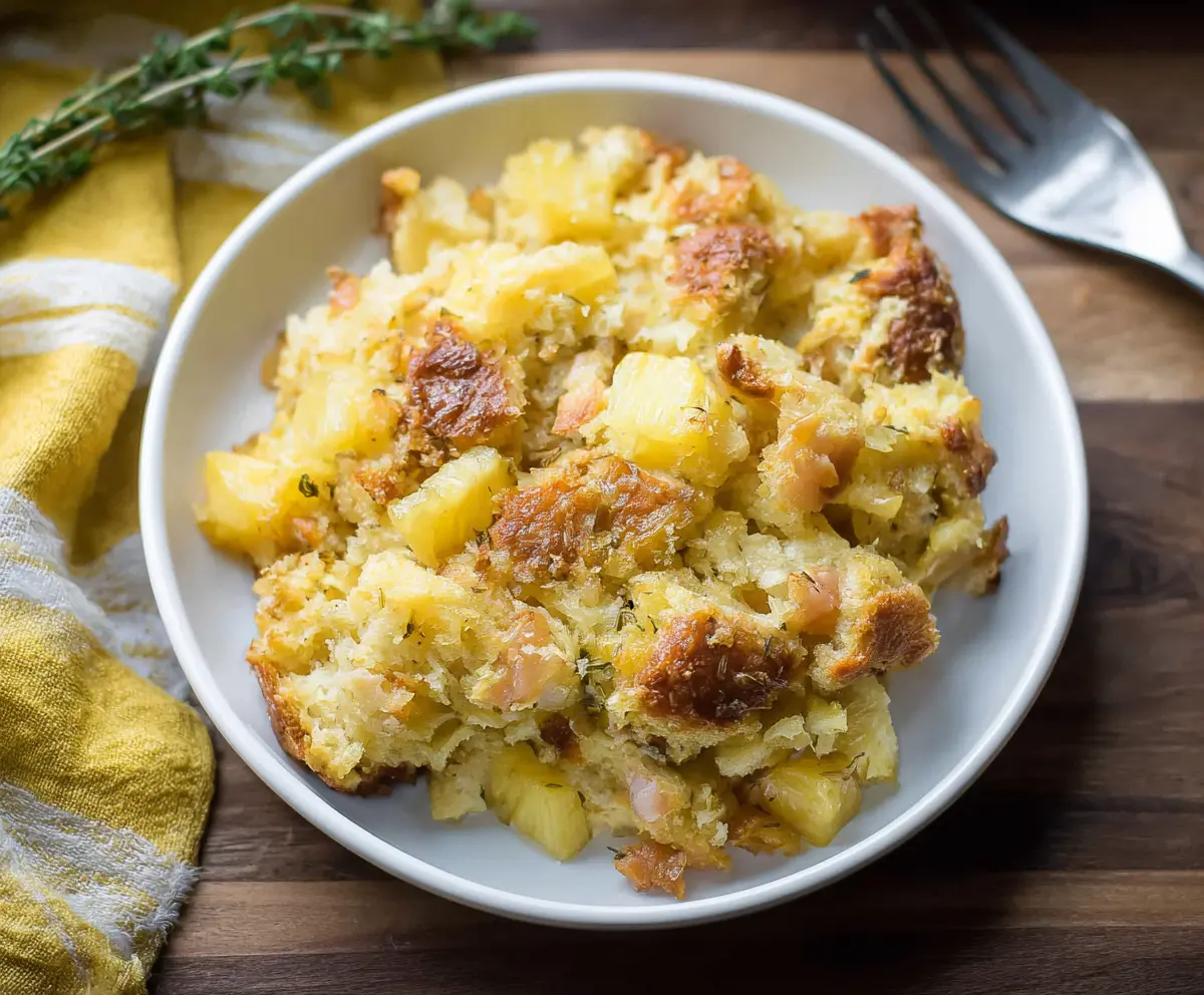 Delicious pineapple stuffing served in a bowl with fresh pineapple pieces and herbs for a tropical holiday side dish.