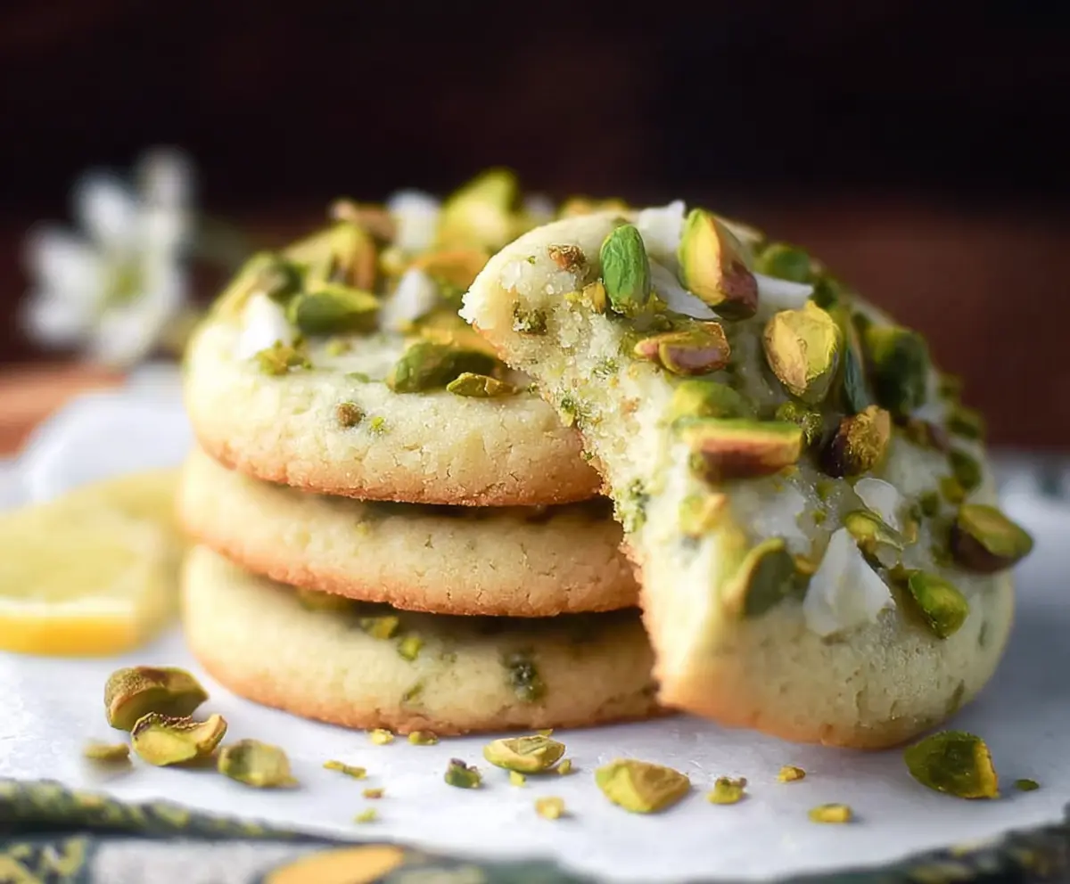 Delicious pistachio lemon cookies with a golden crust and vibrant green pistachios on top.