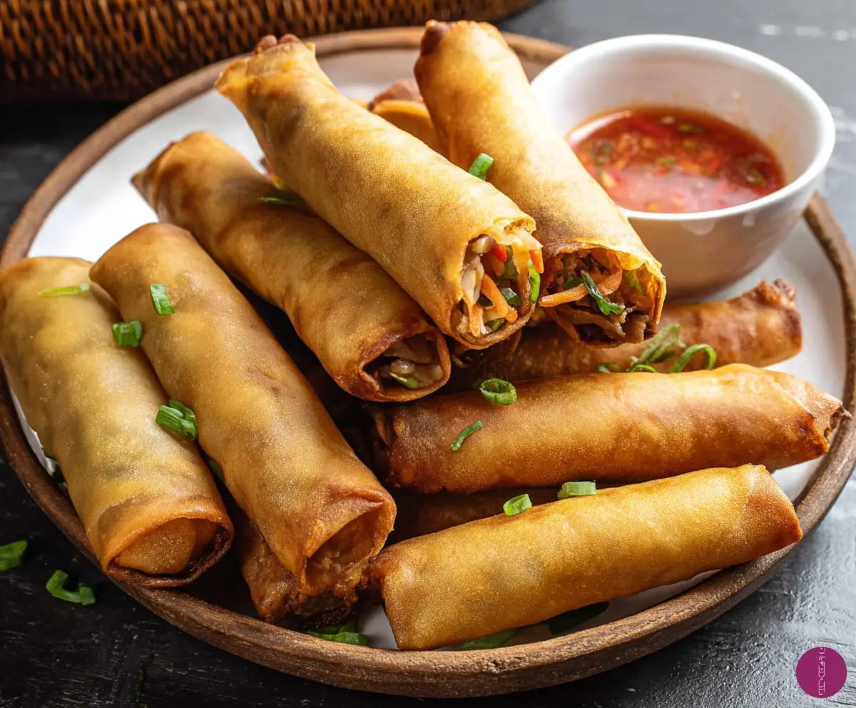 Crispy pork lumpia rolls served with dipping sauce on a plate.