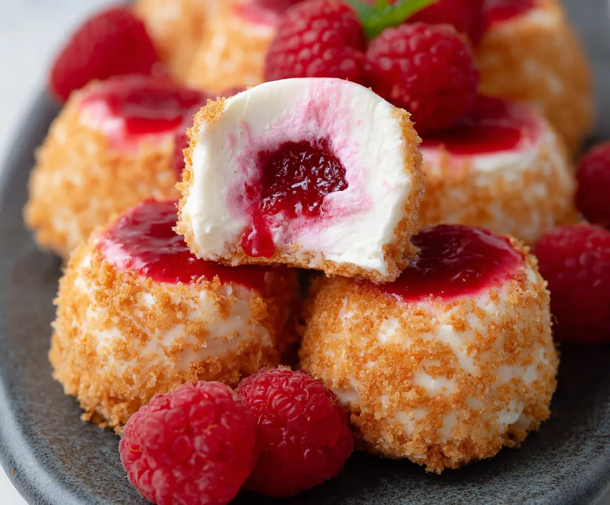 Delicious Raspberry Cheesecake Bites topped with fresh raspberries and creamy cheesecake filling.