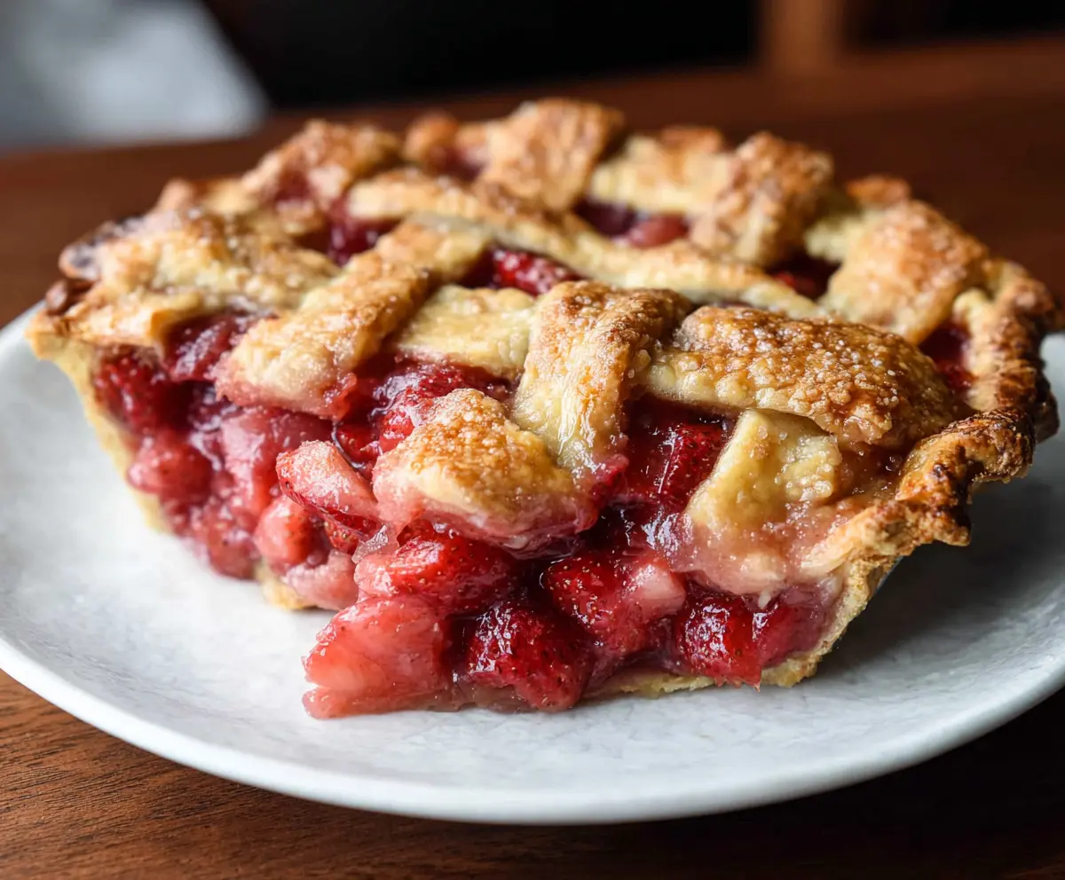 Delicious homemade Rhubarb Strawberry Pie with a golden crust and fresh fruit filling