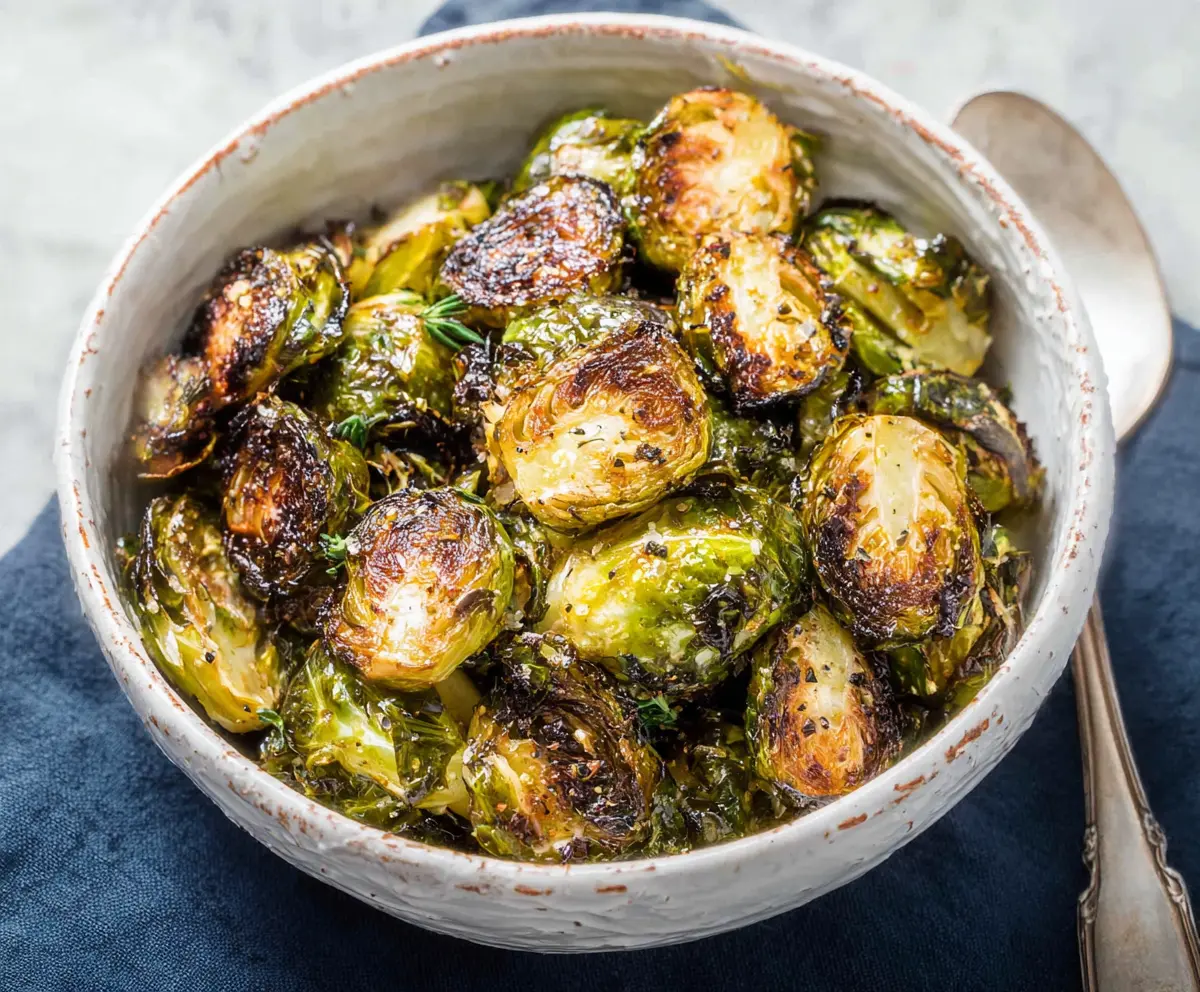 Delicious roasted Brussels sprouts garnished with herbs on a white plate.