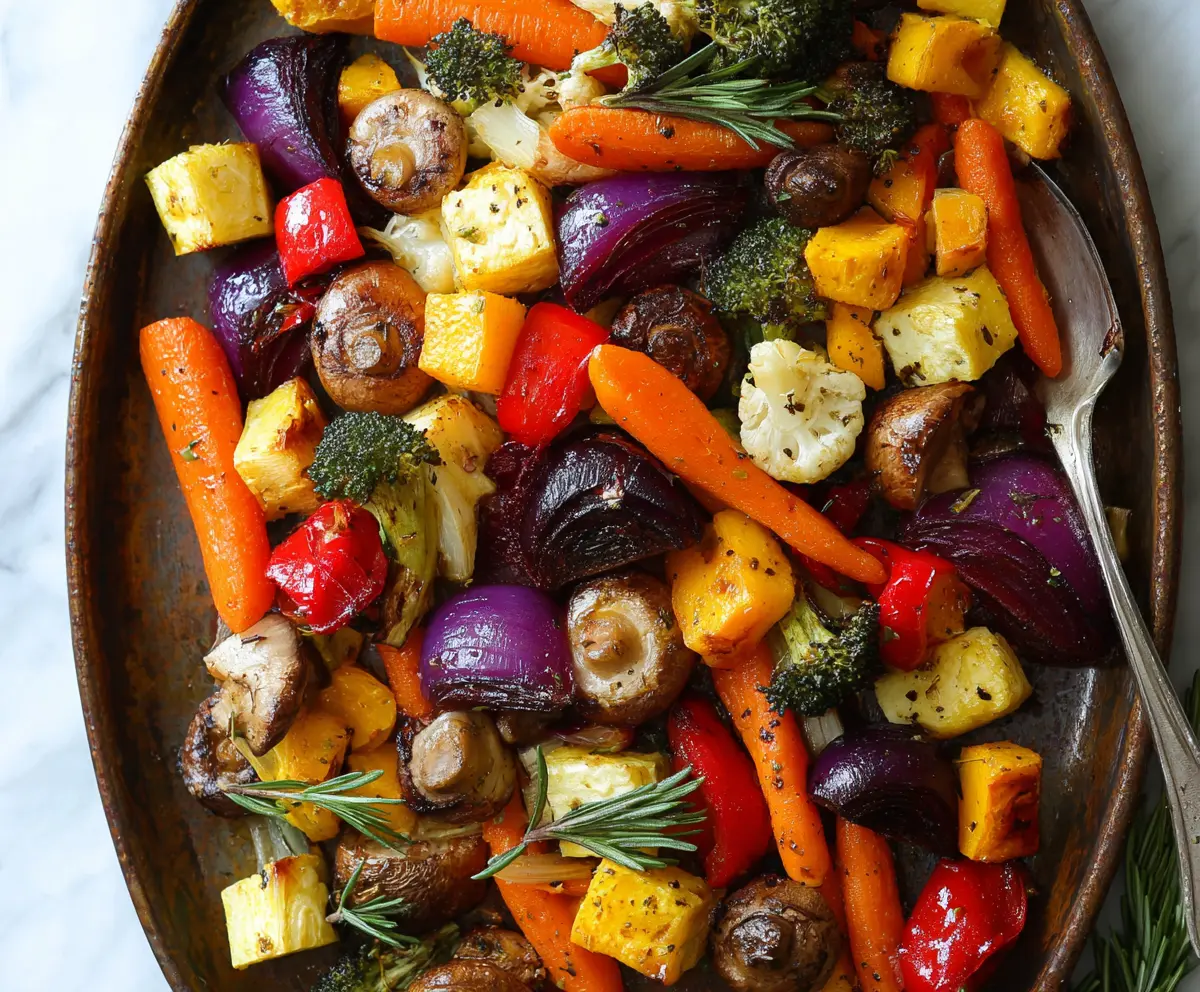 Colorful roasted vegetables including bell peppers, zucchini, and carrots on a baking tray