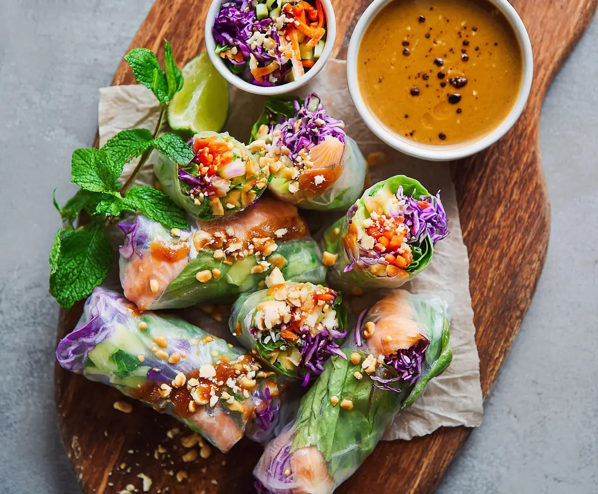 Fresh salmon spring rolls with colorful vegetables and peanut sauce on a white plate.