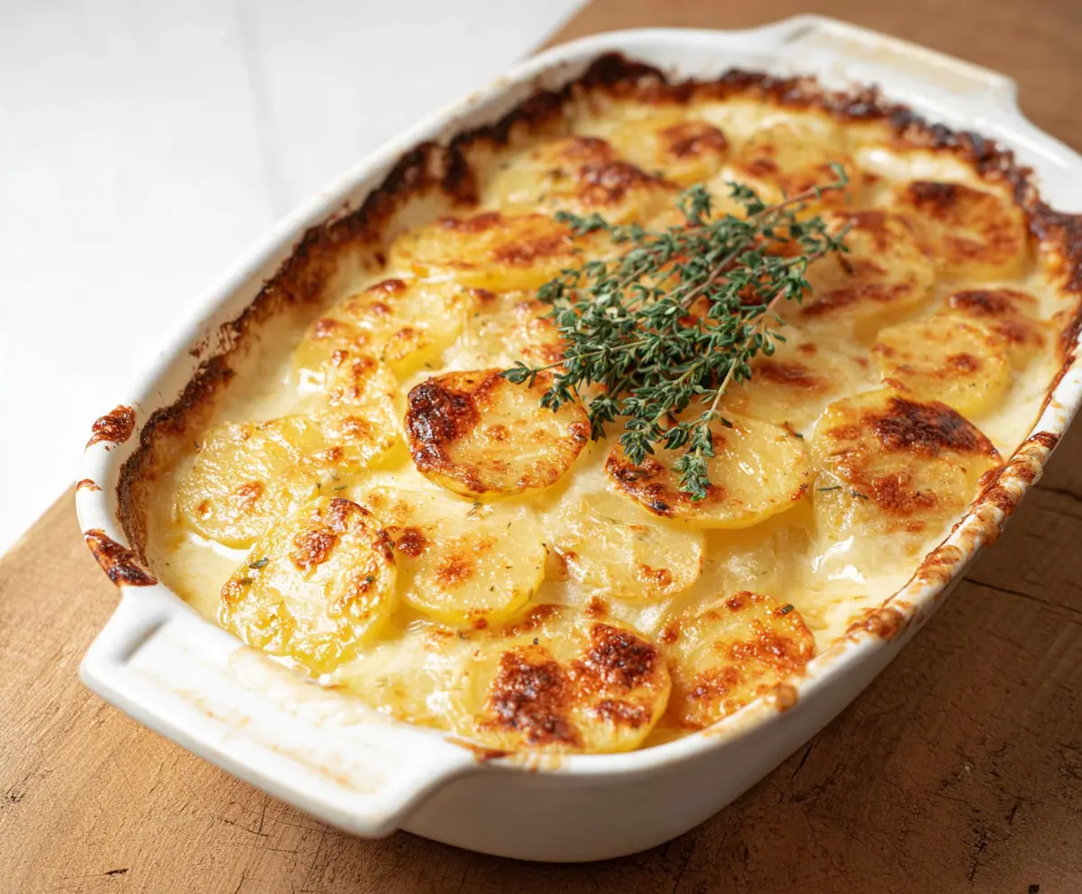 Deliciously baked scalloped potatoes with creamy cheese topping, ready to serve as a comforting side dish.