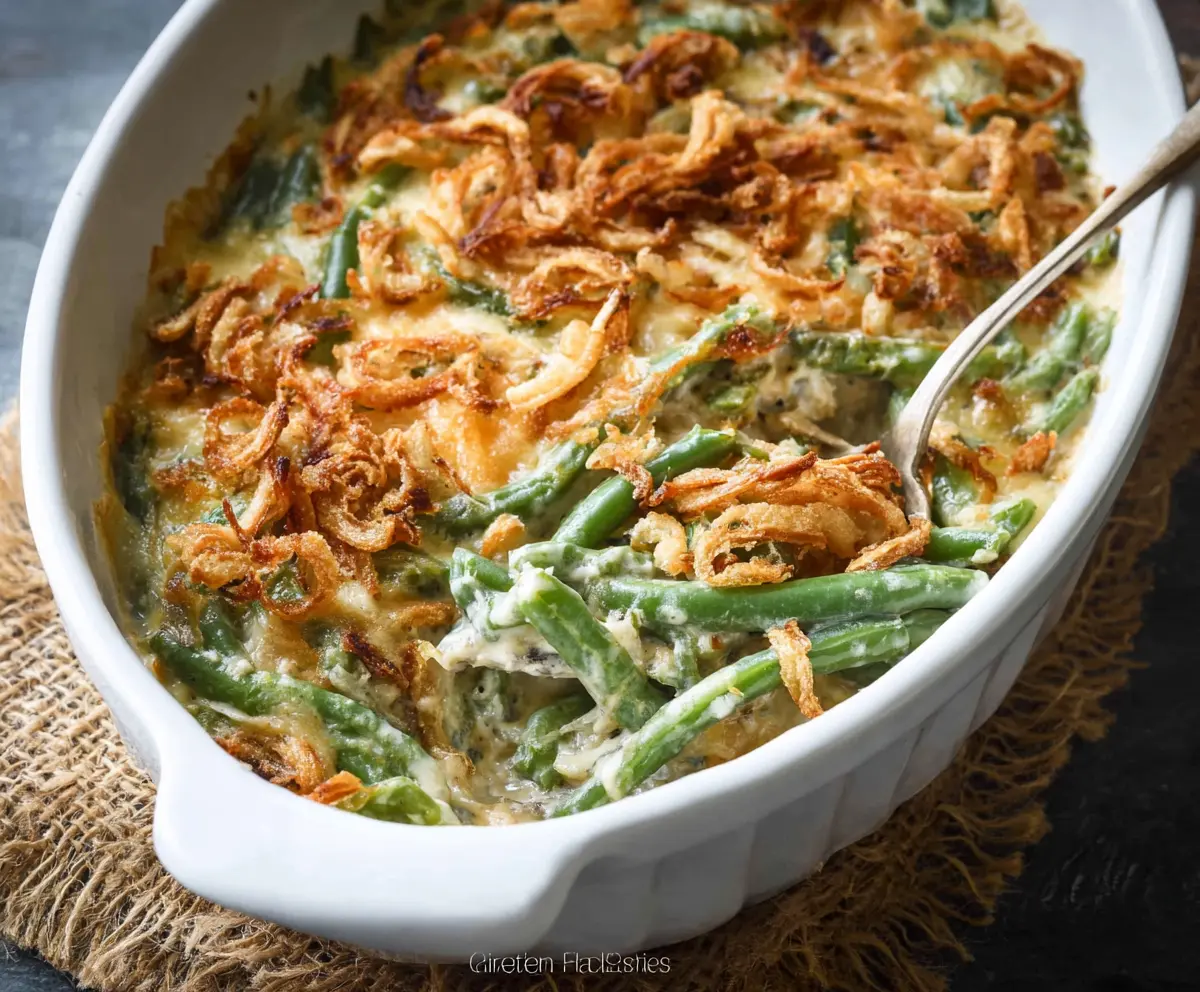 Delicious simple green bean casserole topped with crispy fried onions for a flavorful holiday side dish.