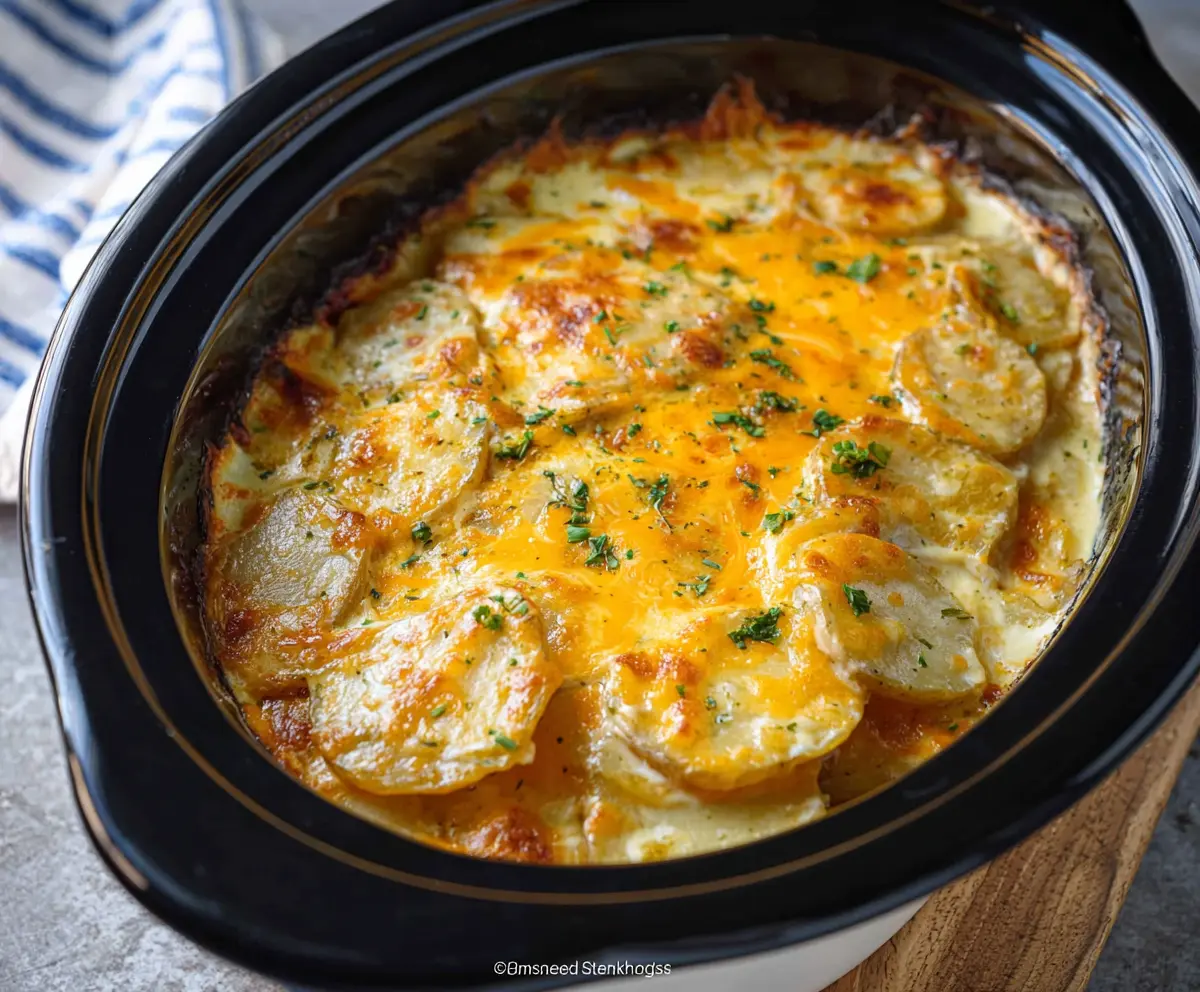 Creamy slow cooker scalloped potatoes topped with melted cheese and golden-brown crust.