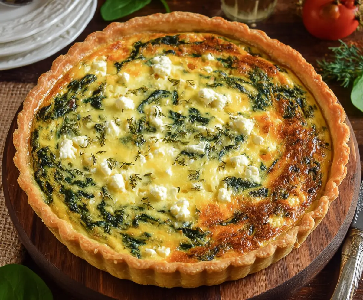 Delicious spinach and feta cheese quiche, golden crust with fresh green spinach filling.