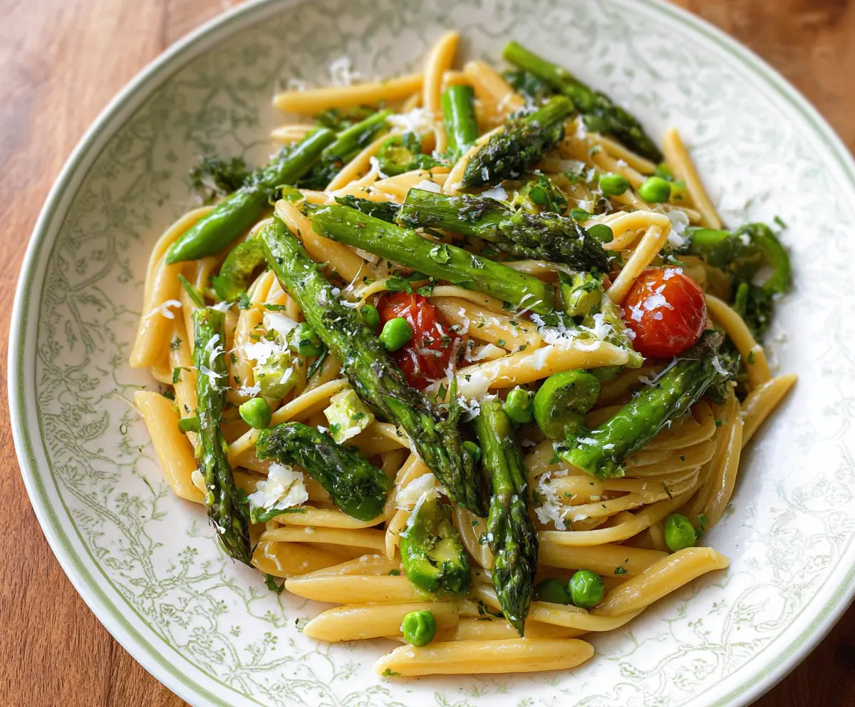Fresh spring vegetable pasta with colorful seasonal vegetables and al dente pasta.