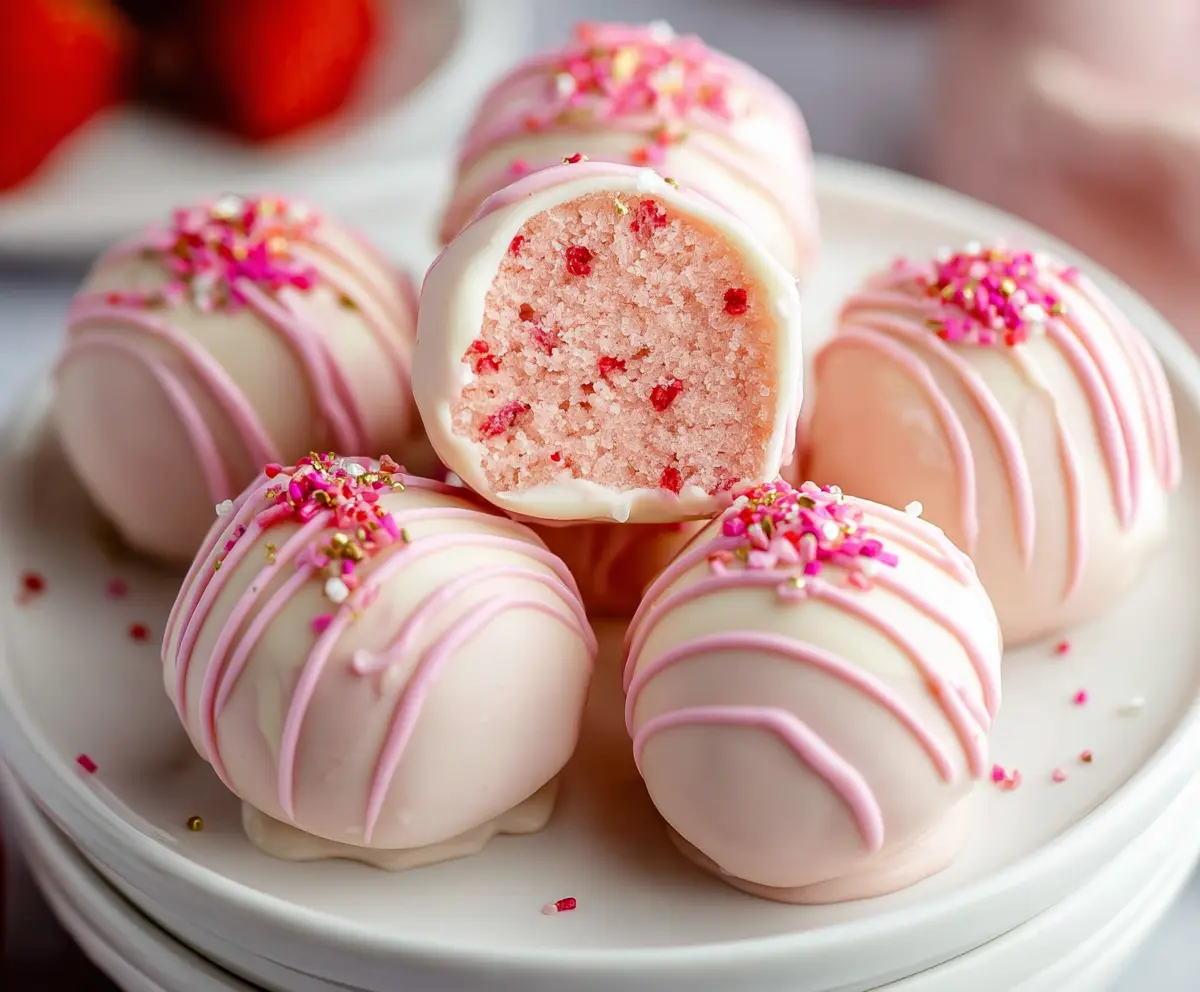 Delicious strawberry cake balls coated in chocolate for a sweet treat.