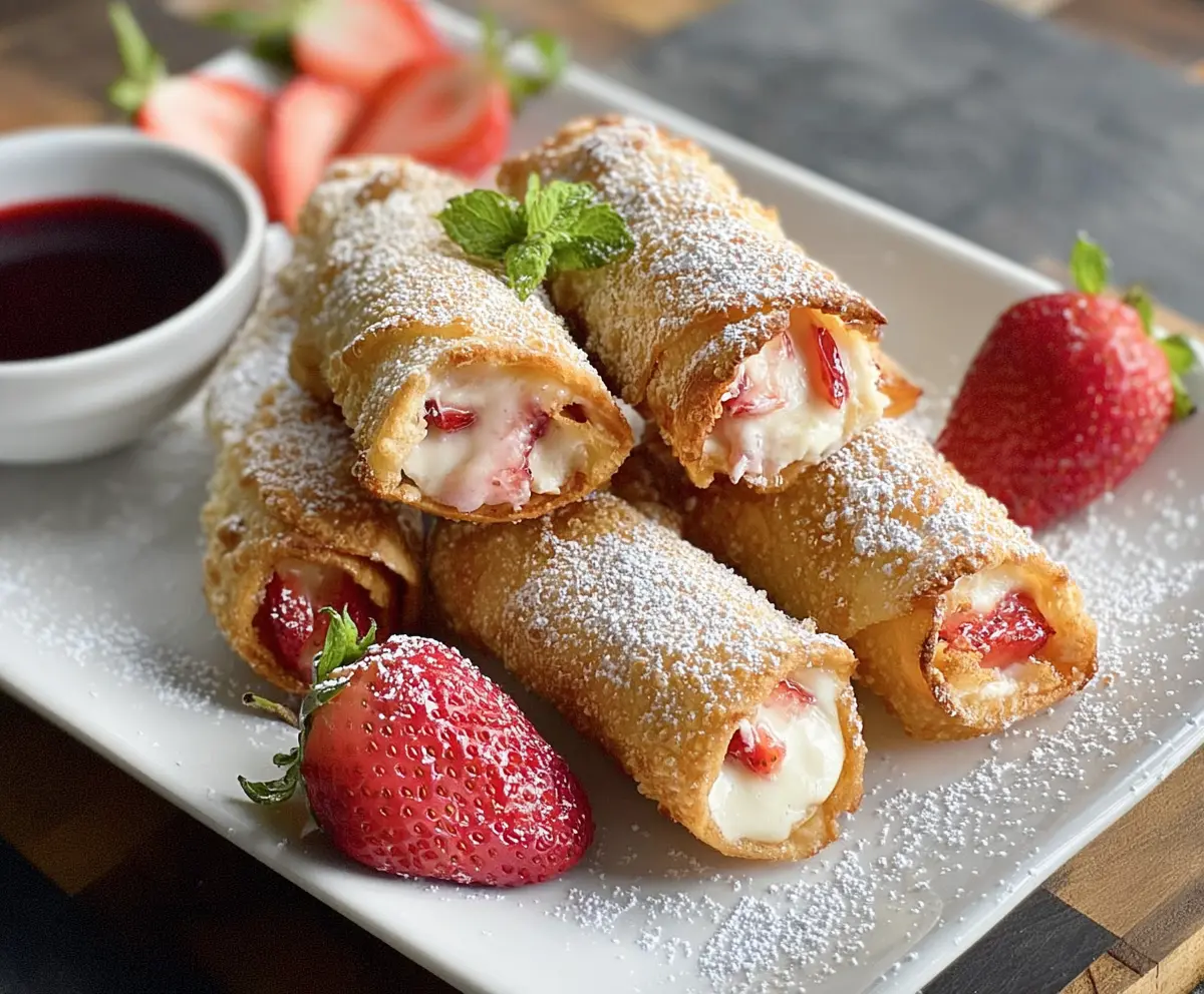 Delicious strawberry cheesecake egg rolls with fresh strawberries and creamy filling.