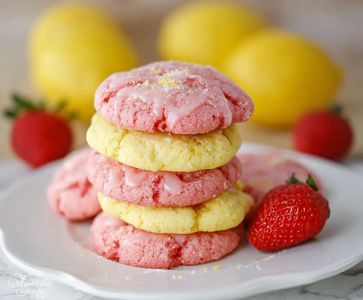 Delicious strawberry lemonade cookies with fresh strawberries and zesty lemon flavor on a baked tray.