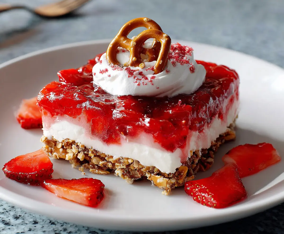 Delicious strawberry pretzel dessert with a creamy topping and crunchy pretzel crust